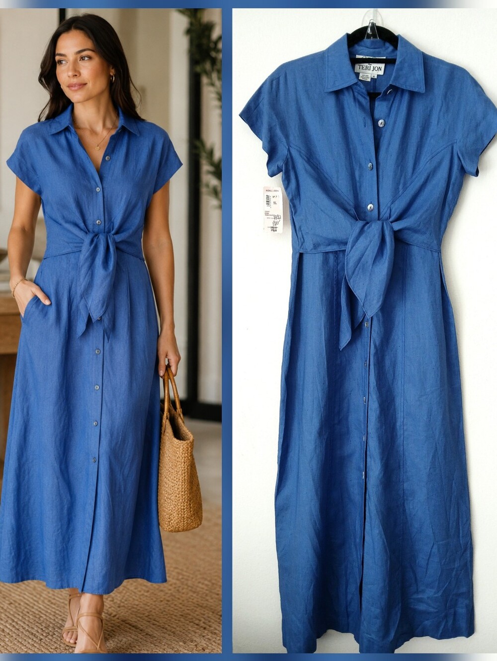 NEW Rickie Freeman Teri Jon Blue LINEN Button Collared Shirt Dress Womens Size 4